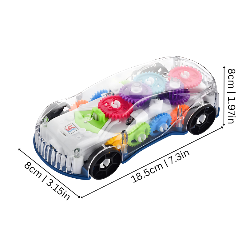 Light-Up Transparent Race Car Toy with Music and Moving Gears for Kids