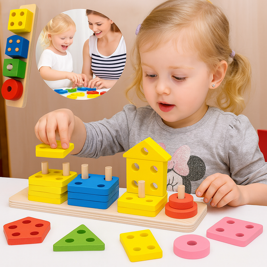 Child playing with a colorful geometric sorting toy, with a family photo inset showing a mother and child interacting.