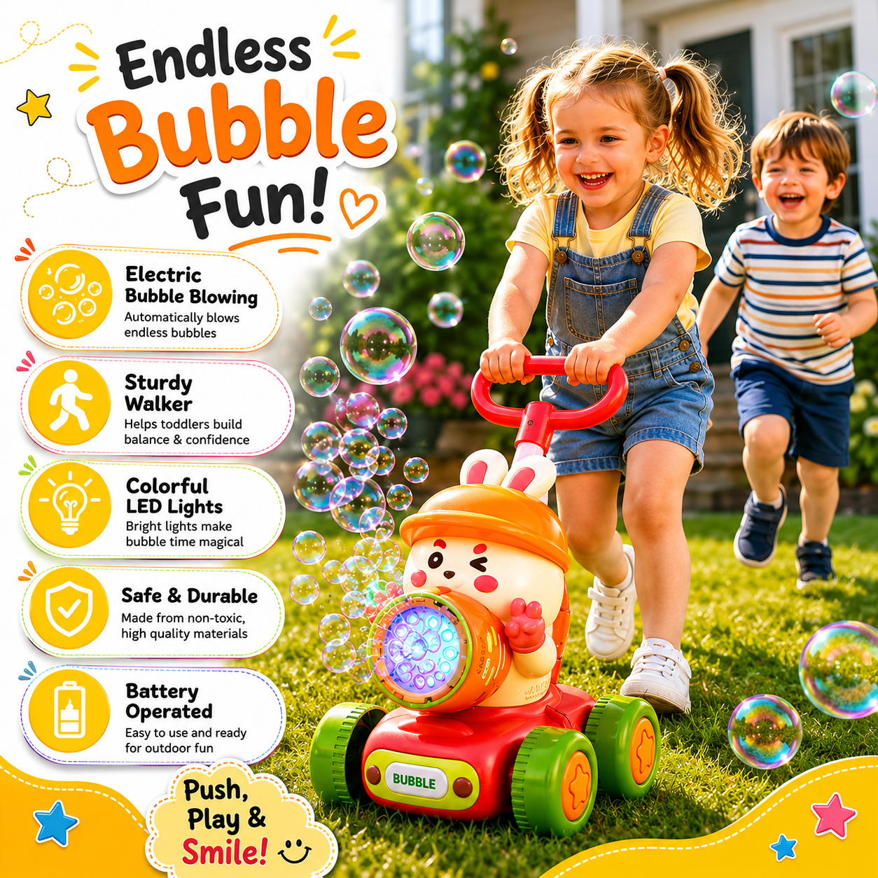 Toddler Bubble Push Walker – Light-Up Bubble Toy for Active Play
