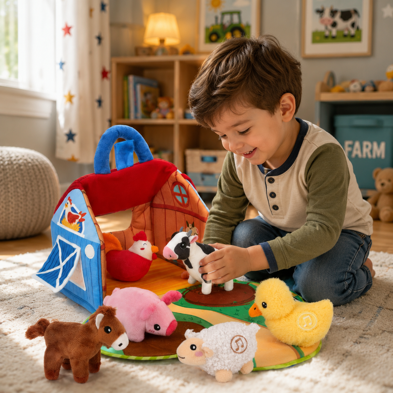 Interactive Farm Animal Plush Play Set – Soft Sound Toys with Activity Mat